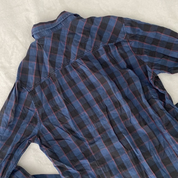 Black slim fit black and blue checkered button down shirt with red lines - Picture 10 of 17